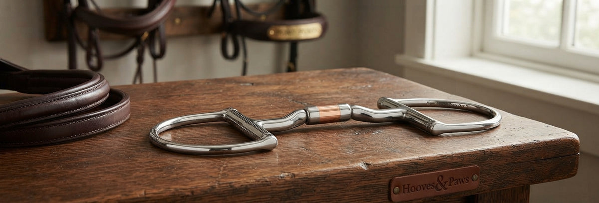 Lifestyle photo of Myler English Pony Dee Bit with Hooks - 4 1/4" Mouth - Stainless Steel Ported Barrel with Copper Inlay