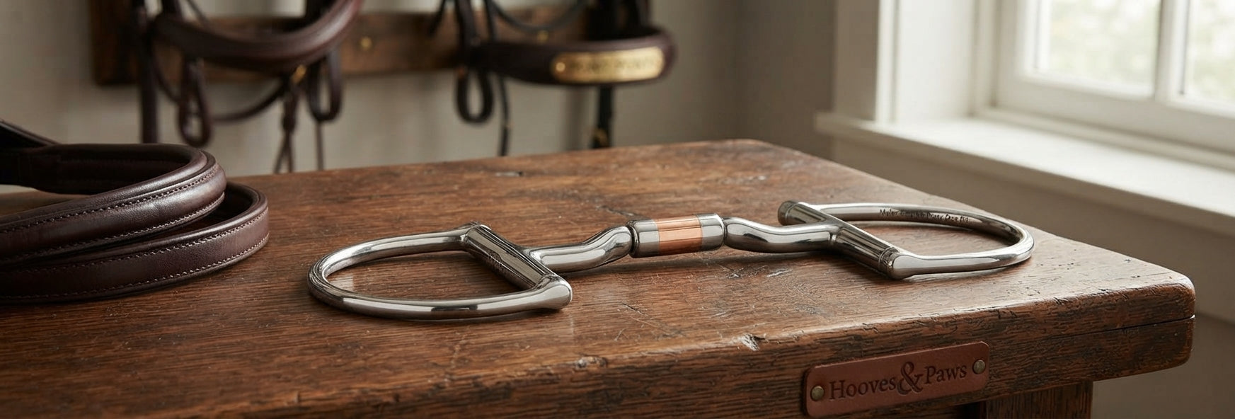 Lifestyle photo of Myler English Pony Dee Bit with Hooks - 4 1/4" Mouth - Stainless Steel Ported Barrel with Copper Inlay