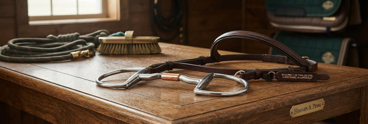 Lifestyle photo of Myler English Pony Dee Bit with Hooks - 4 1/4" Mouth - Stainless Steel Ported Barrel with Copper Inlay