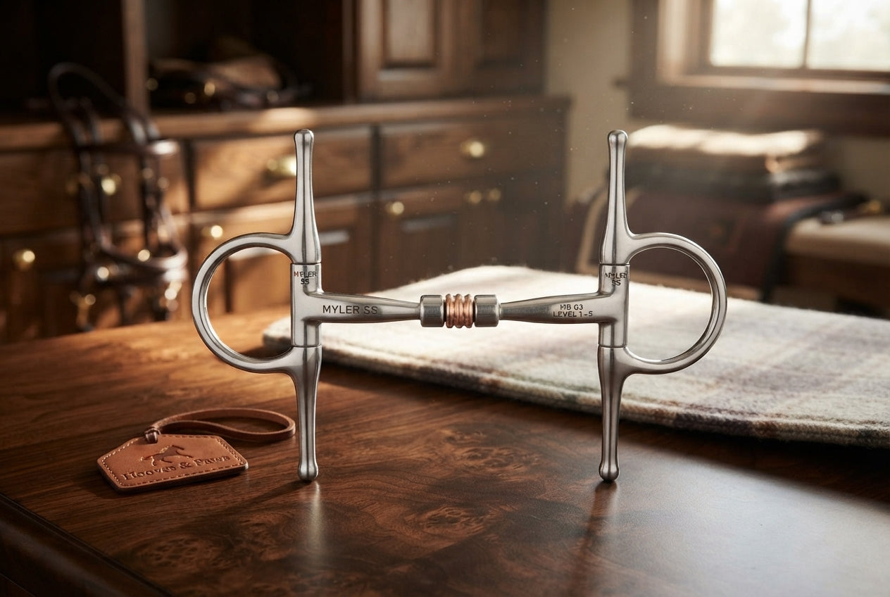 Lifestyle photo of Myler SS Full Cheek Comfort Snaffle Bit with Copper Roller MB 03 Level 1 - 5" Mouthpiece Stainless Steel