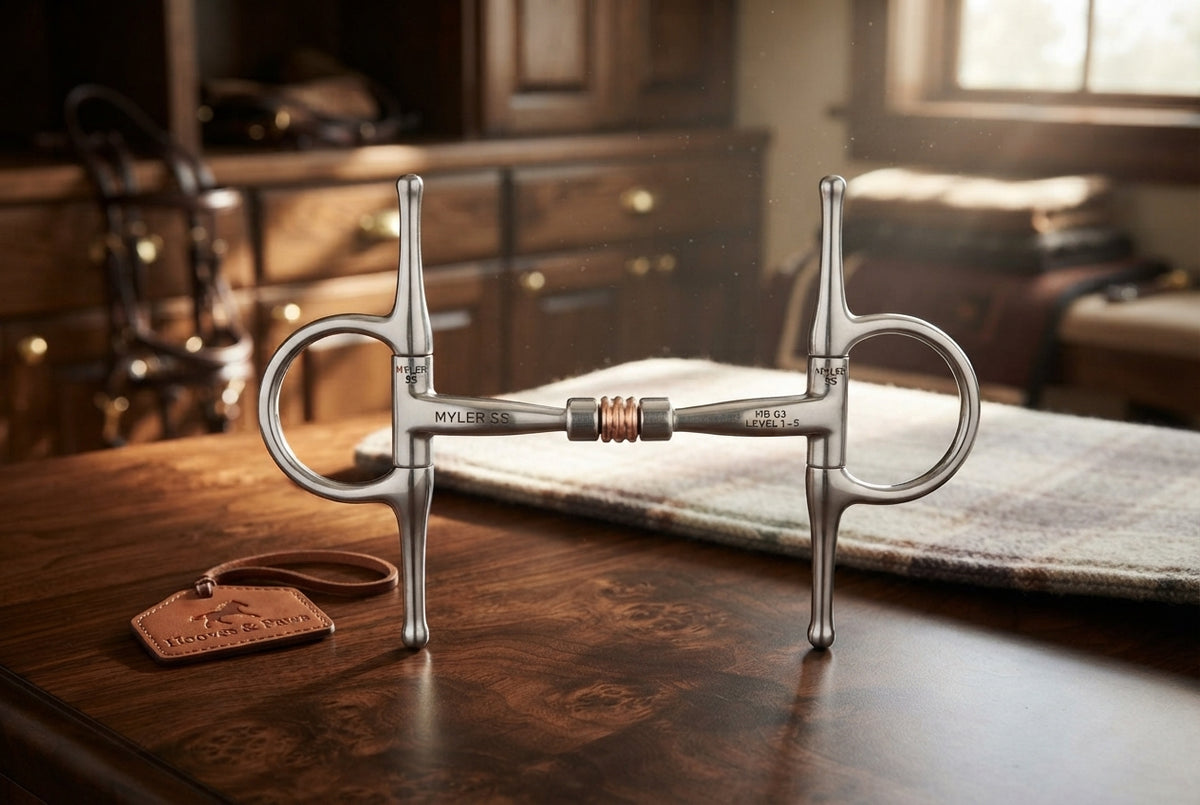 Lifestyle photo of Myler SS Full Cheek Comfort Snaffle Bit with Copper Roller MB 03 Level 1 - 5" Mouthpiece Stainless Steel