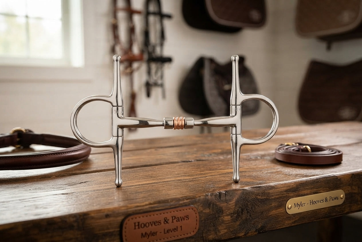 Lifestyle photo of Myler SS Full Cheek Comfort Snaffle Bit with Copper Roller MB 03 Level 1 - 5" Mouthpiece Stainless Steel