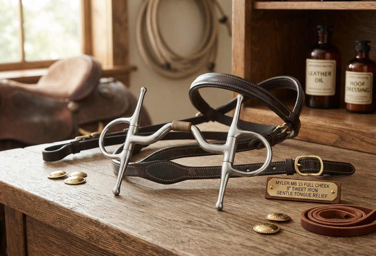 Lifestyle photo of Myler MB 33 Full Cheek Bit with Hooks - 5" Sweet Iron Mouthpiece - Gentle Tongue Relief & Independent Side Movement