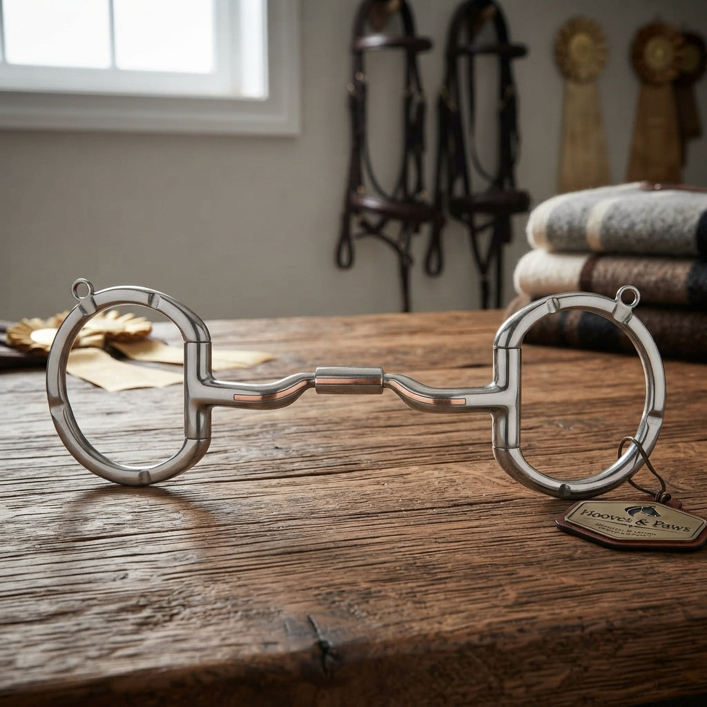 Lifestyle photo of Myler 04 Stainless Steel Eggbutt with Hooks Level 2 Horse Bit, Copper Inlay - 4 3/4 Inch