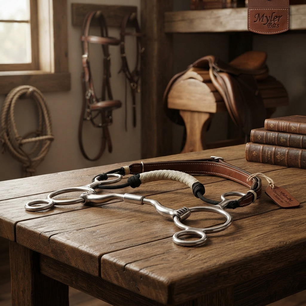Lifestyle photo of Myler 04 Two Ring Combination Horse Bit with Rawhide Noseband - 4 3/4" Sweet Iron Low Port Comfort Snaffle MB 04
