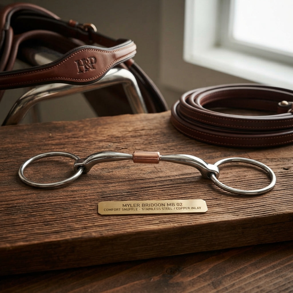 Lifestyle photo of Myler Bridoon MB 02 Comfort Snaffle Wide Barrel Horse Bit - Stainless Steel with Copper Inlay