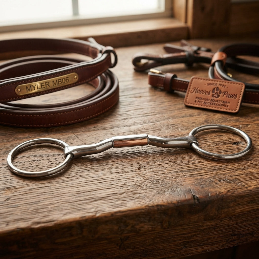 Lifestyle photo of Myler Bridoon SS Low Port Mullen Barrel Bit MB06 Level 2-3 - 5 1/2" Stainless Steel with Copper Inlay
