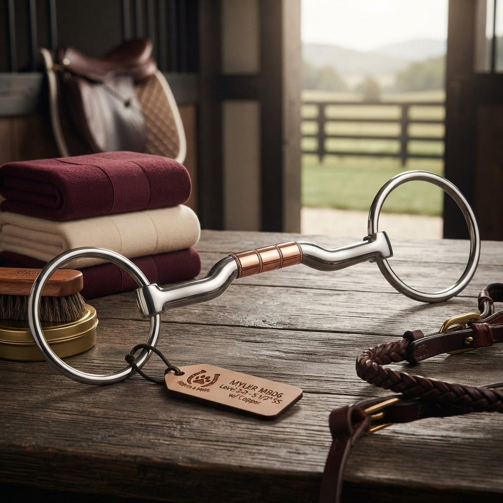 Lifestyle photo of Myler Bridoon SS Low Port Mullen Barrel Bit MB06 Level 2-3 - 5 1/2" Stainless Steel with Copper Inlay