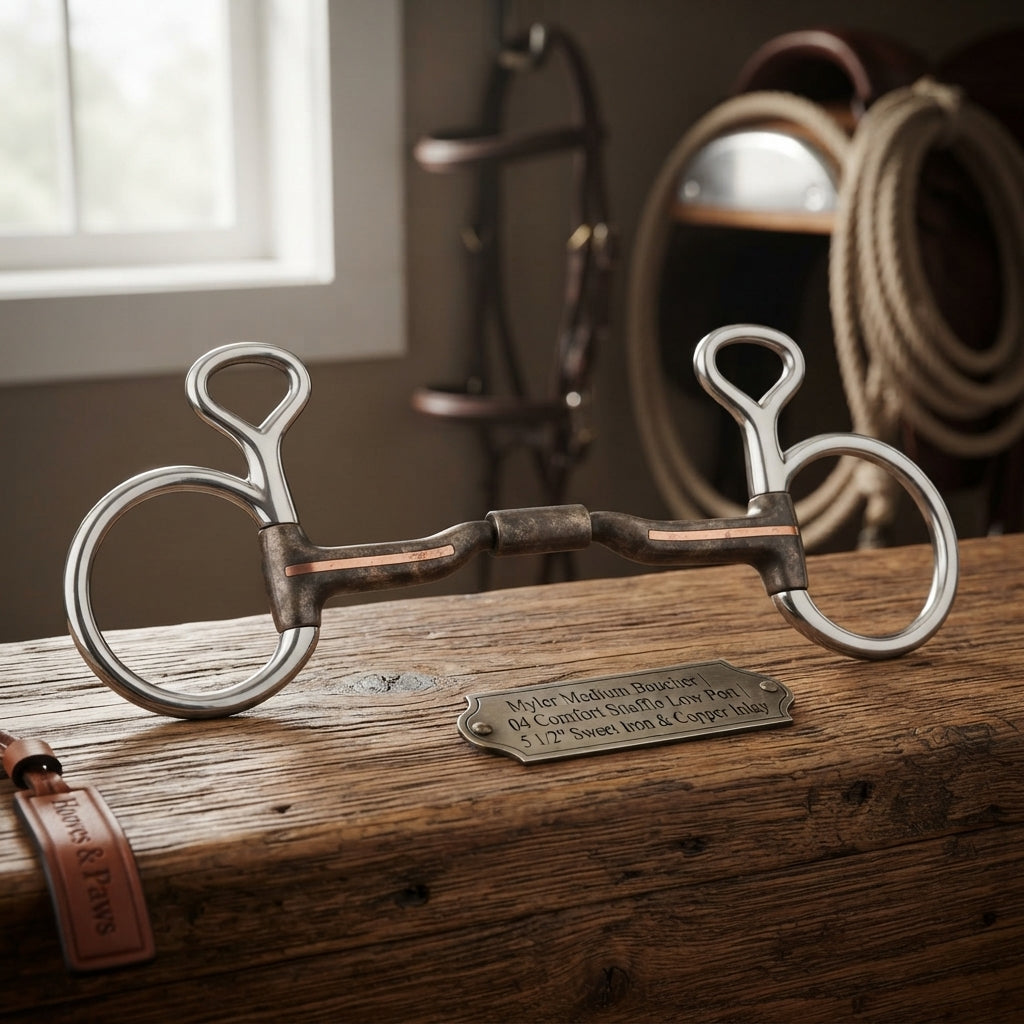 Lifestyle photo of Myler Medium Baucher Bit with 04 Comfort Snaffle Low Port - 5 1/2" Sweet Iron with Copper Inlay