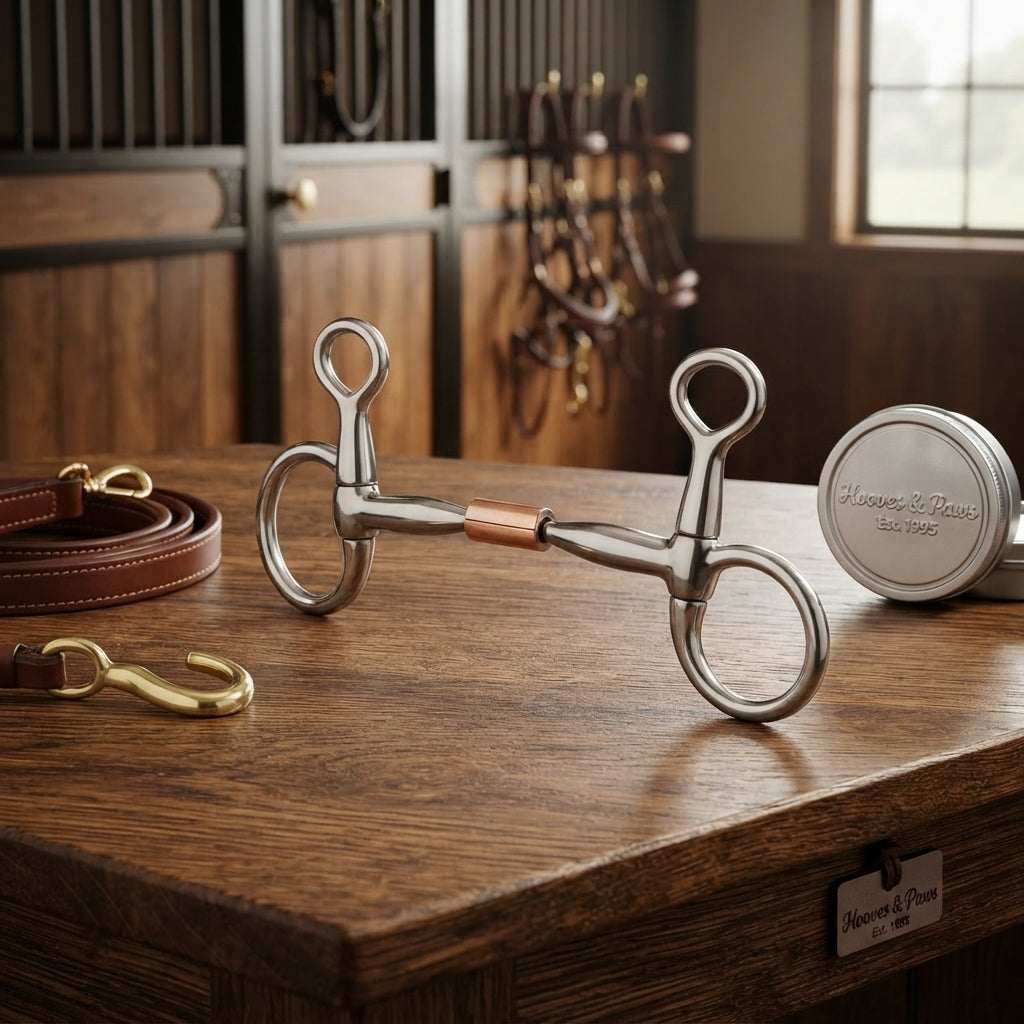 Lifestyle photo of Myler MB 02 Comfort Snaffle Wide Barrel Small Baucher Horse Bit - 5" Stainless Steel with Copper Inlay, Level 1