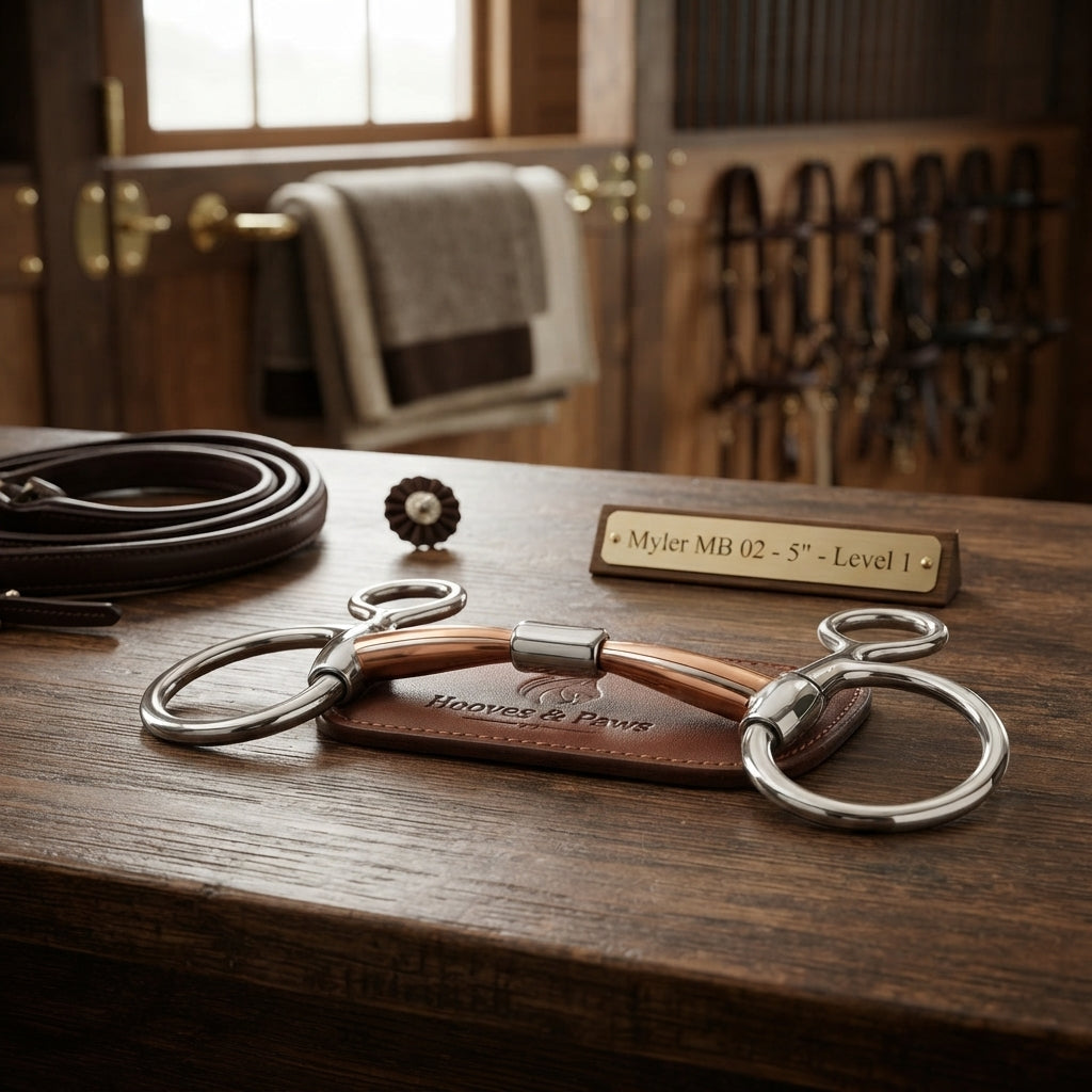 Lifestyle photo of Myler MB 02 Comfort Snaffle Wide Barrel Small Baucher Horse Bit - 5" Stainless Steel with Copper Inlay, Level 1