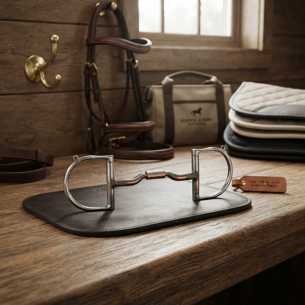 Lifestyle photo of Myler Medium Dee Low Port Comfort Snaffle Bit with Hooks MB 04 - 5 inch Sweet Iron with Copper Inlay