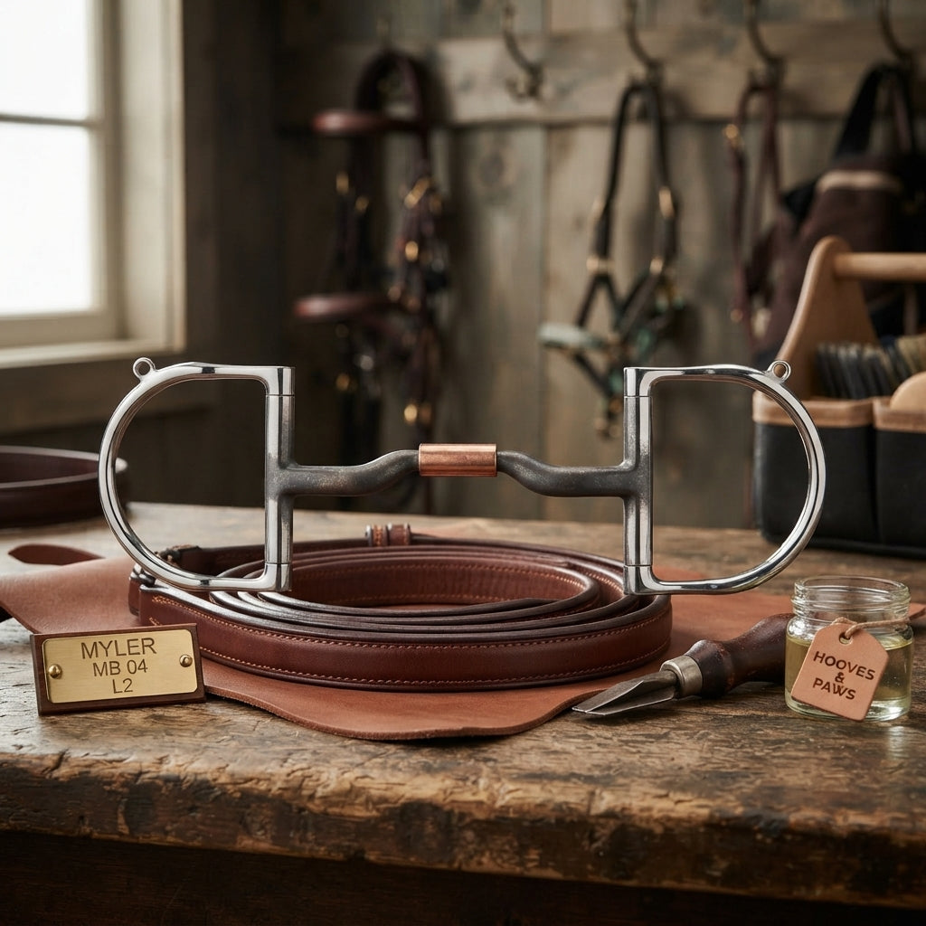 Lifestyle photo of Myler Medium English Dee Bit with Hooks MB 04 Level 2 Comfort Snaffle - Sweet Iron & Copper