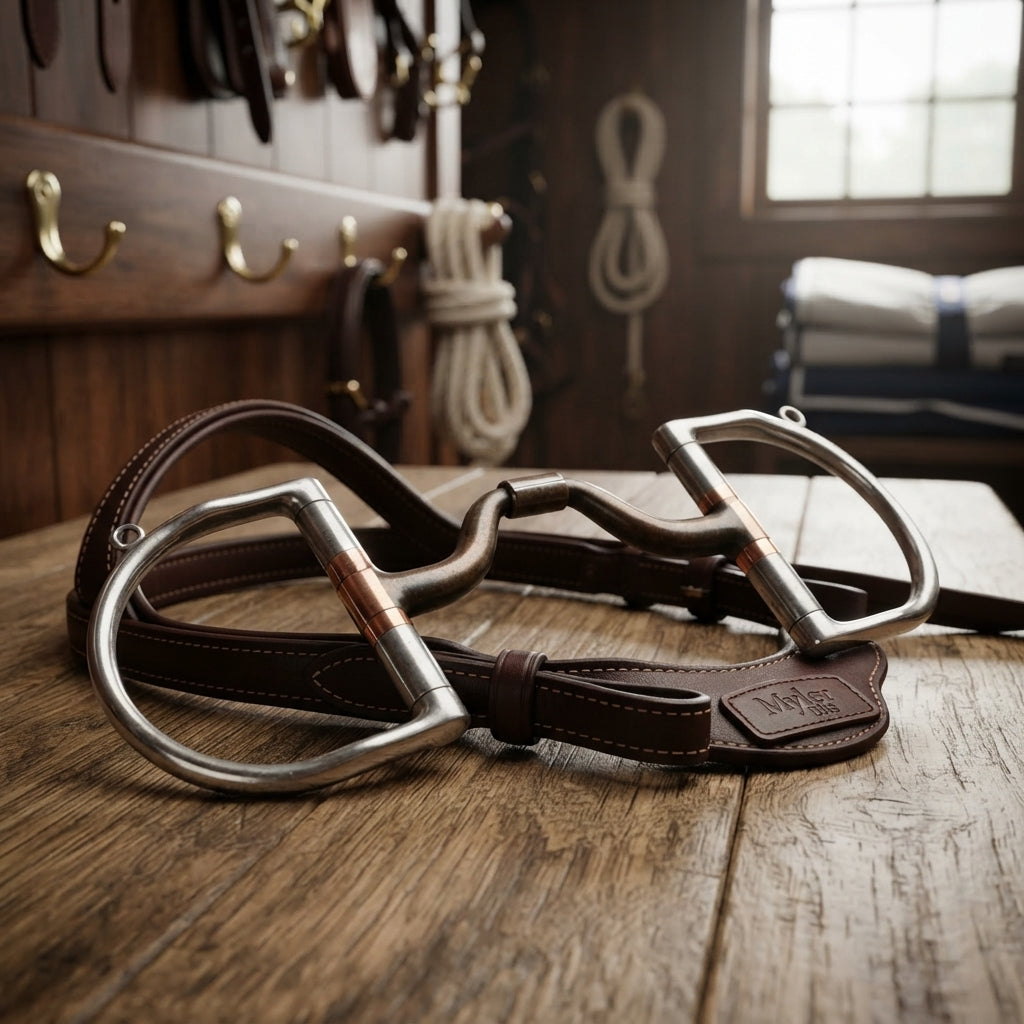 Lifestyle photo of Myler Level 3 Mullan Barrel English Dee Bit with Hooks - 6" Mouth Sweet Iron Copper Inlay