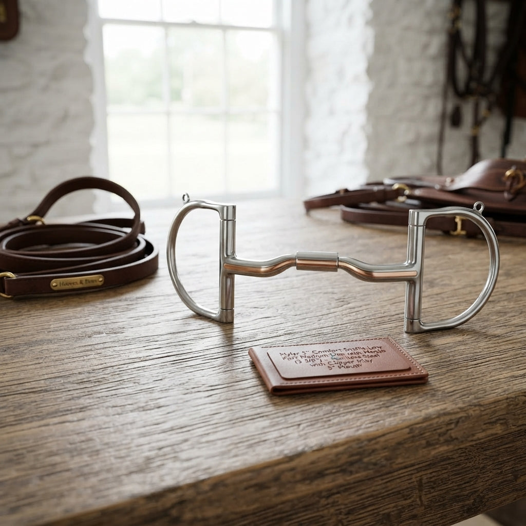 Lifestyle photo of Myler 5" Comfort Snaffle Low Port Medium Dee with Hooks (3 3/8") - Stainless Steel with Copper Inlay 5" Mouth