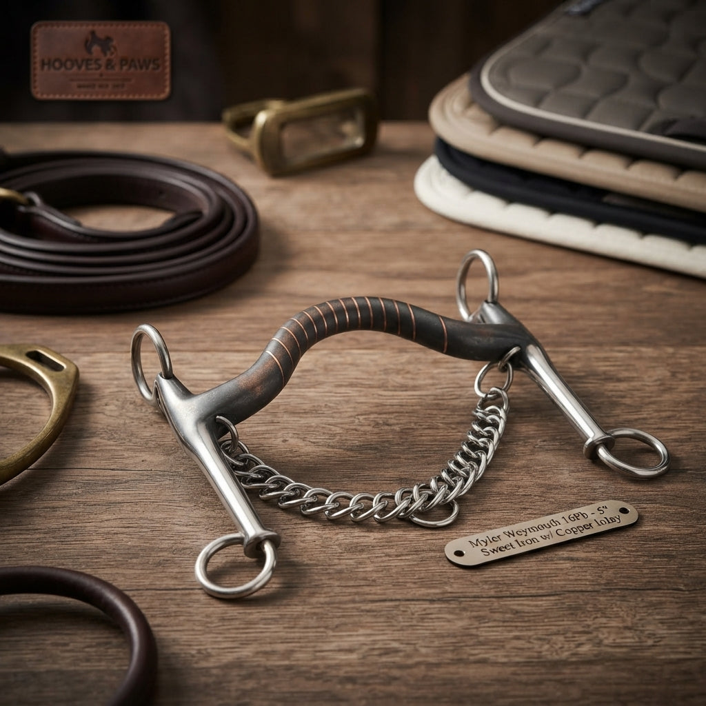 Lifestyle photo of Myler Weymouth 16Pb Curb Bit - 5" Mouthpiece in Sweet Iron with Copper Inlay