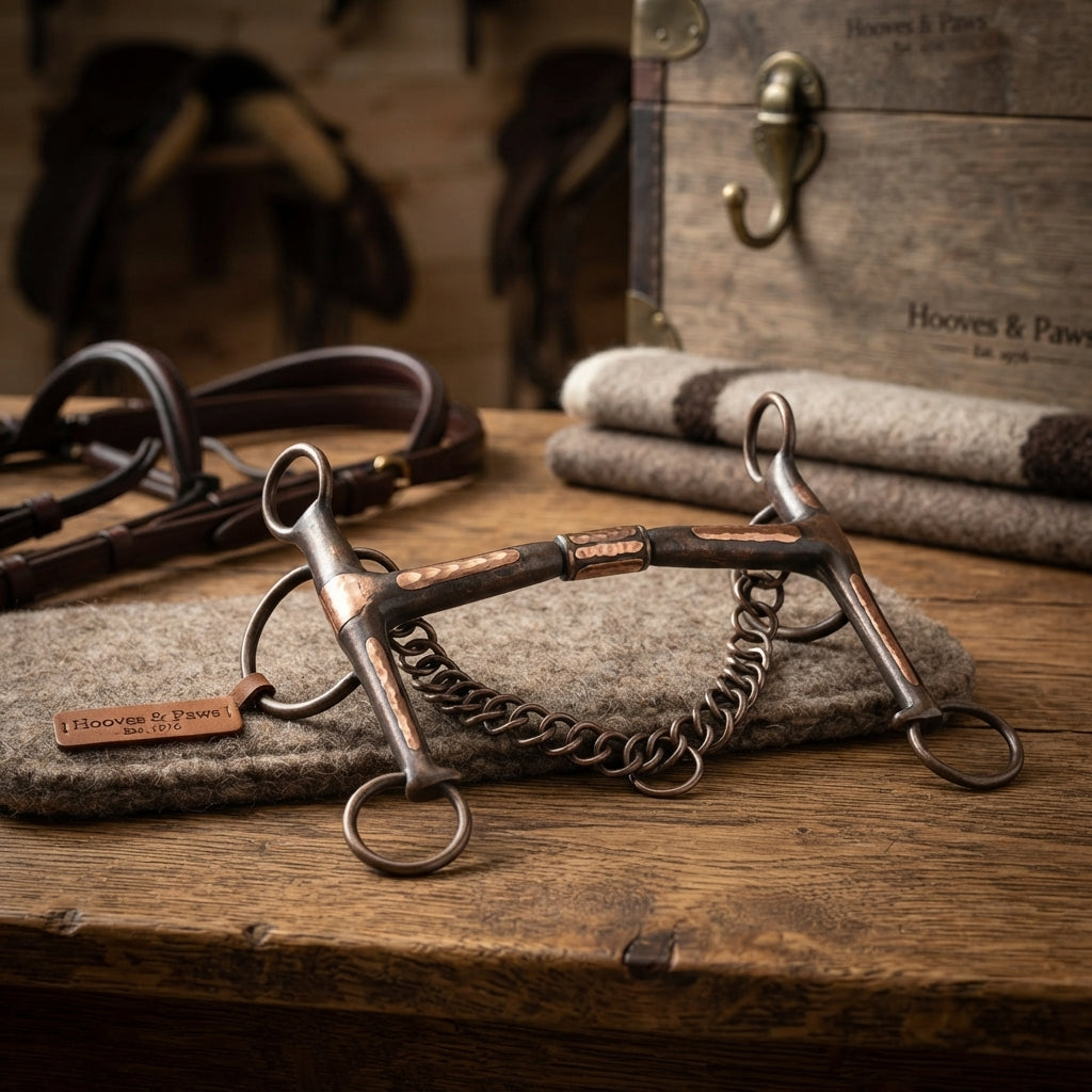 Lifestyle photo of Myler Weymouth 15PB Low Ported Barrel Horse Bit - Sweet Iron with Copper Inlays