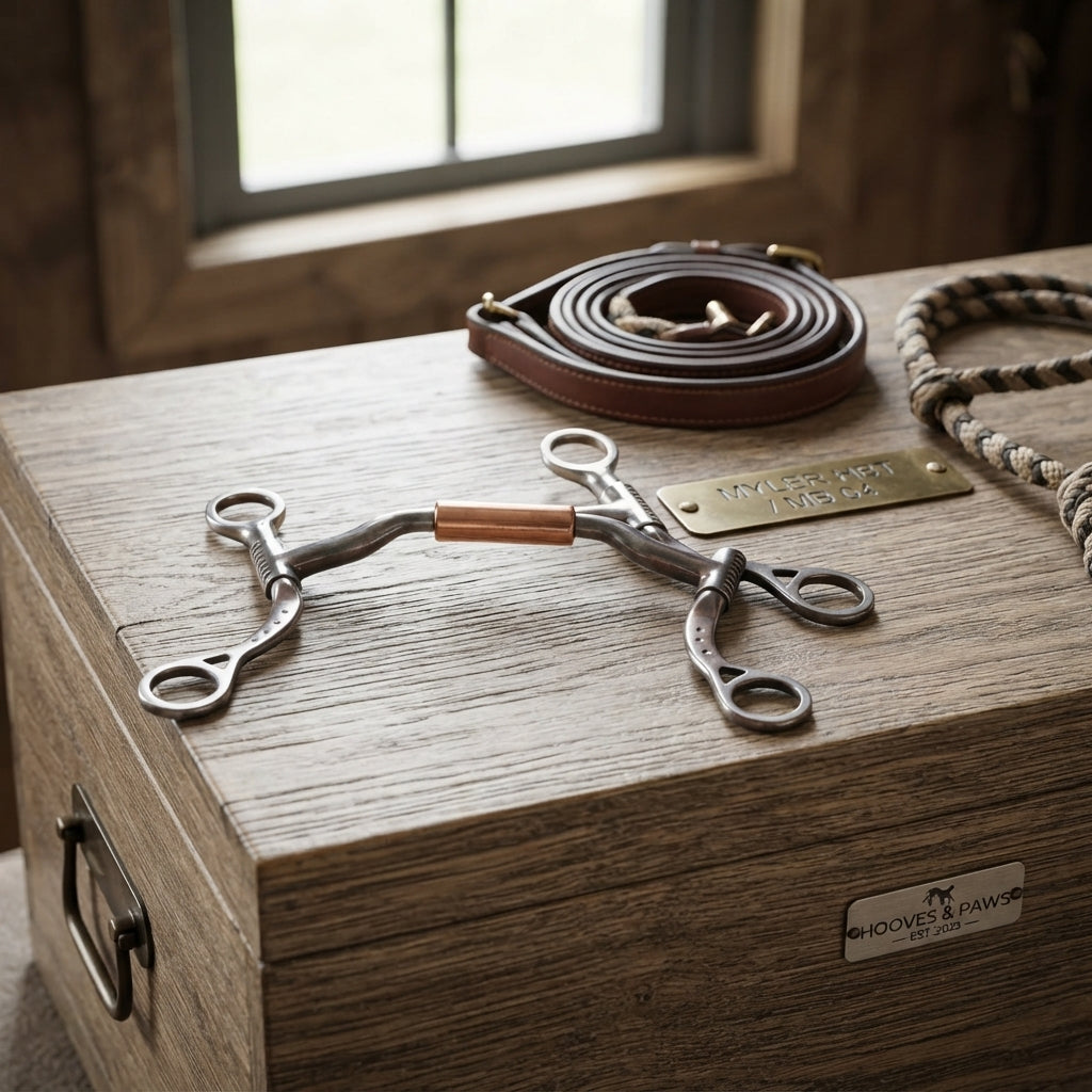 Lifestyle photo of Myler HBT Shank Bit with MB 04 Comfort Snaffle Mouthpiece - Sweet Iron & Copper - Multiple Sizes