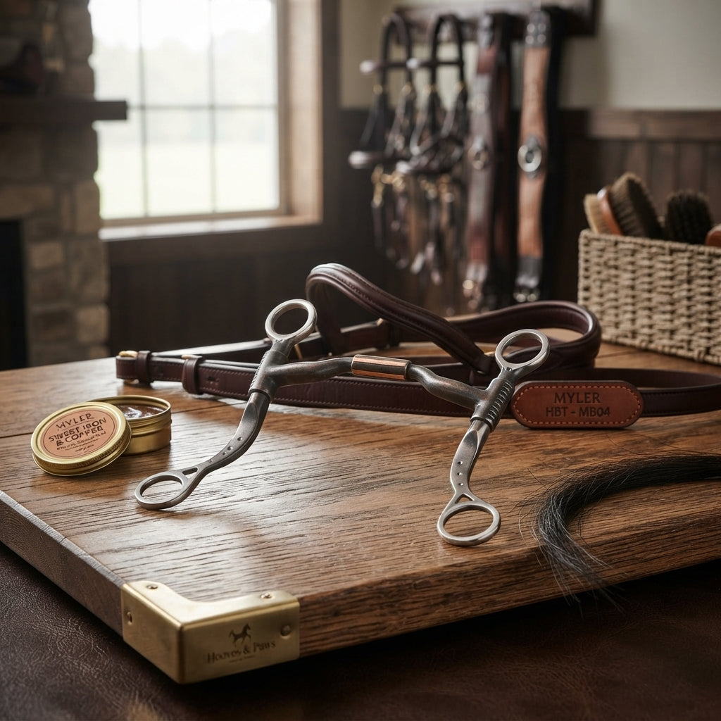 Lifestyle photo of Myler HBT Shank Bit with MB 04 Comfort Snaffle Mouthpiece - Sweet Iron & Copper - Multiple Sizes