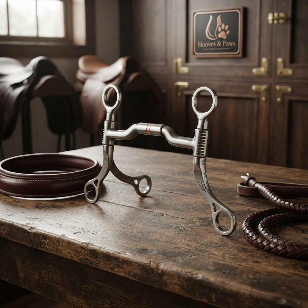 Lifestyle photo of Myler MBT Shank Horse Bit with Sweet Iron 06 Mouthpiece & Copper Inlay - 5" Mouth