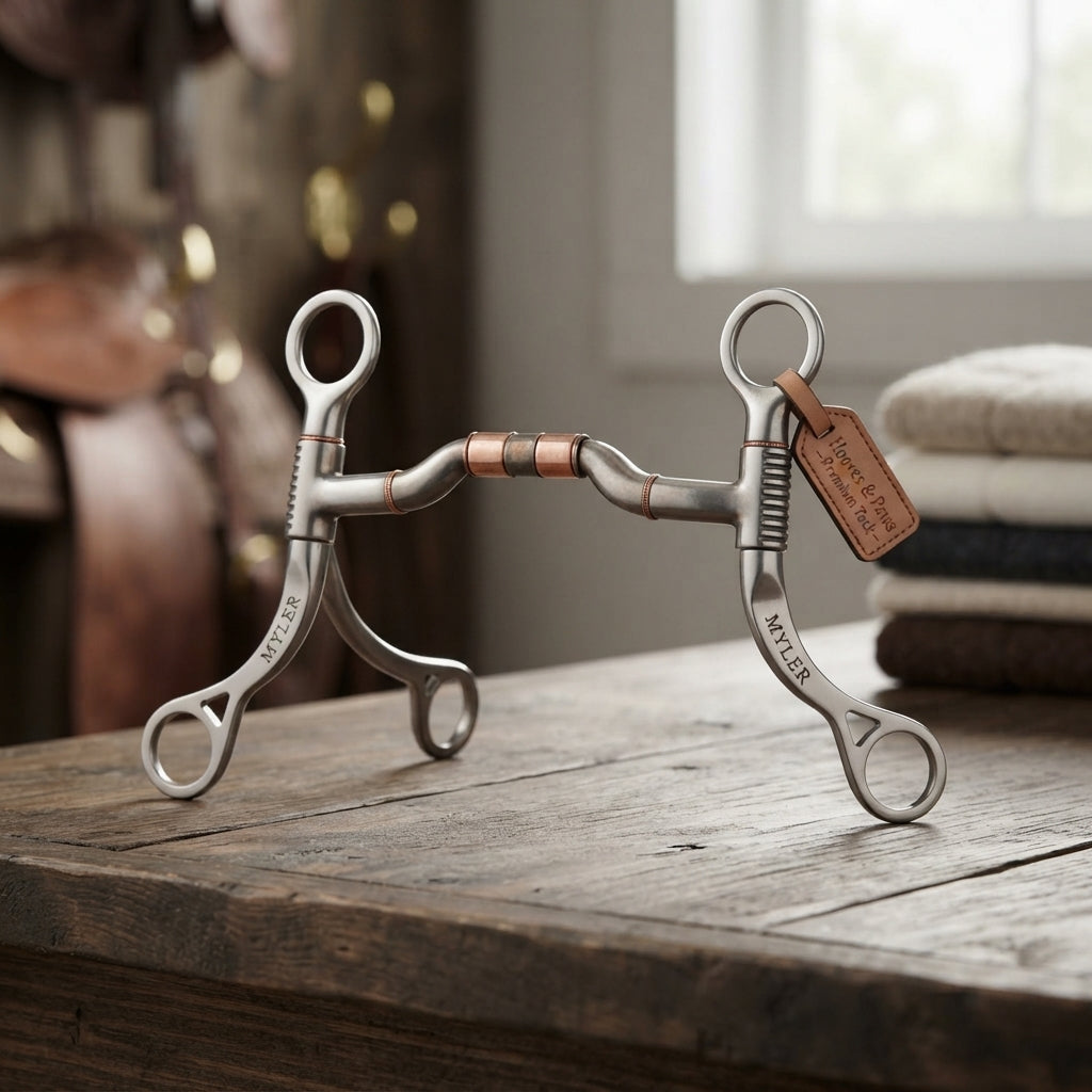 Lifestyle photo of Myler MBT Shank Horse Bit with Sweet Iron 06 Mouthpiece & Copper Inlay - 5" Mouth