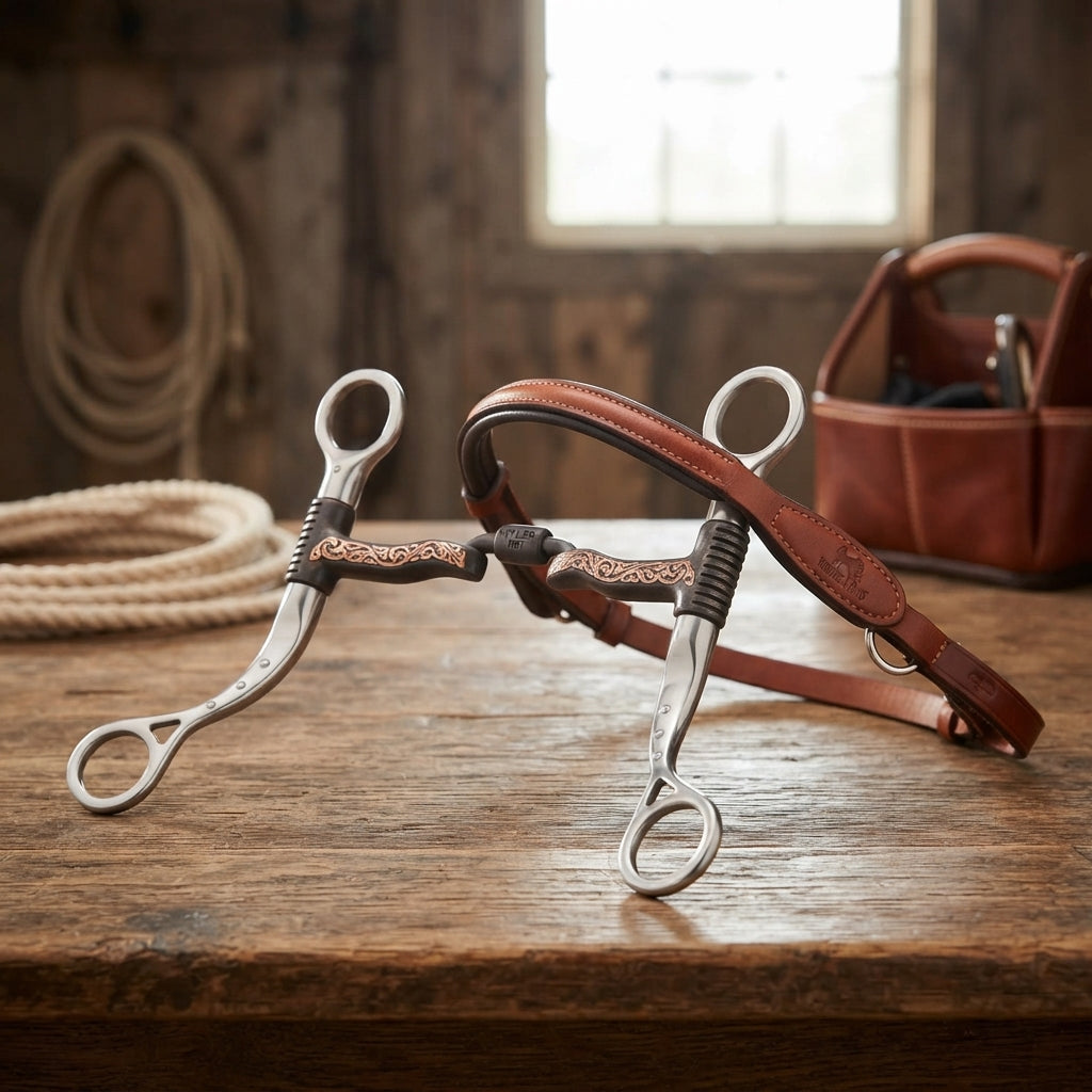 Lifestyle photo of Myler MBT Shank Horse Bit with Correctional Wide Port MB 41PB - 5" Sweet Iron Copper Inlay Mouthpiece, 5.5" Shank