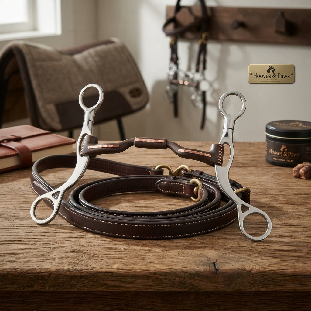 Lifestyle photo of Myler MB 04 Comfort Snaffle with Low Port Short Shank Bit - Sweet Iron & Copper Inlay