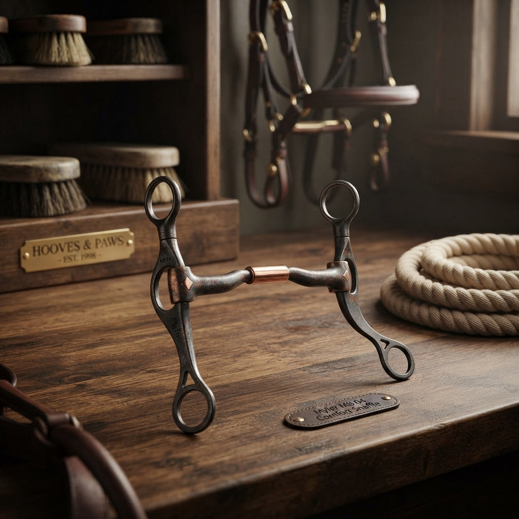 Lifestyle photo of Myler MB 04 Comfort Snaffle with Low Port Short Shank Bit - Sweet Iron & Copper Inlay