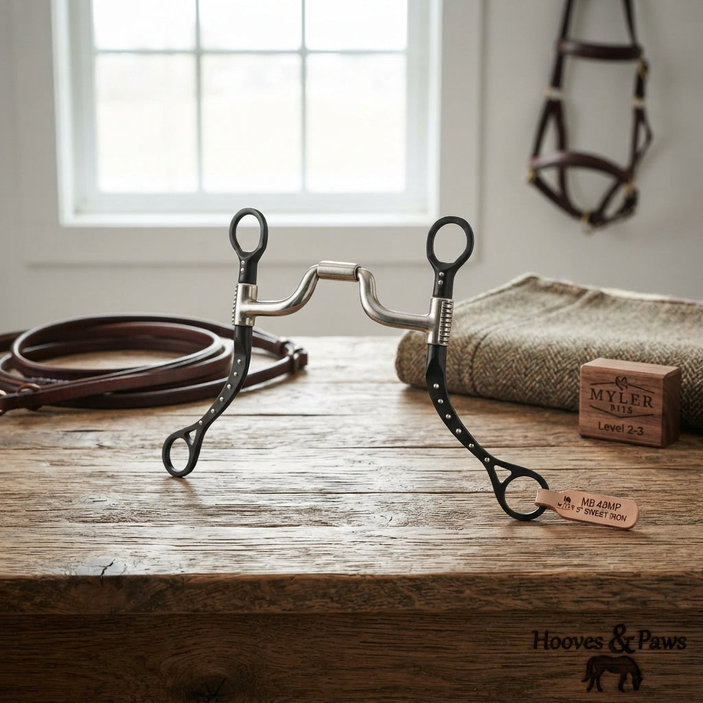 Lifestyle photo of Myler MBB Black Steel Flat Shank Horse Bit - MB 43MP Narrow Medium Ported Barrel - 5" Mouth Sweet Iron & Copper - Level 2-3 - 6 3/4" Shank