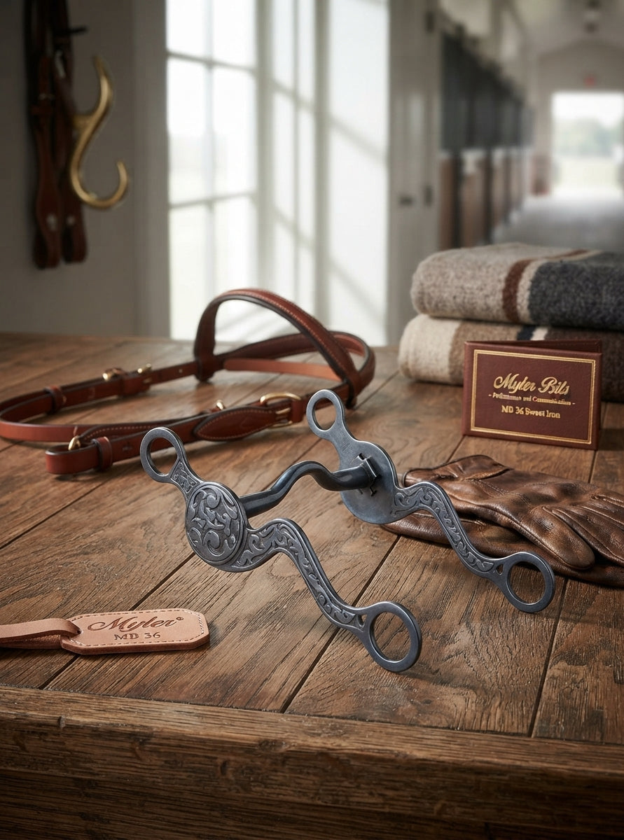 Lifestyle photo of Myler Embossed Shank Forward Tilt Port Bit MB 36 Sweet Iron Mouthpiece with ISM - 5"