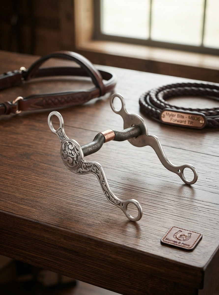 Lifestyle photo of Myler Embossed Shank Forward Tilt Port Bit MB 36 Sweet Iron Mouthpiece with ISM - 5"