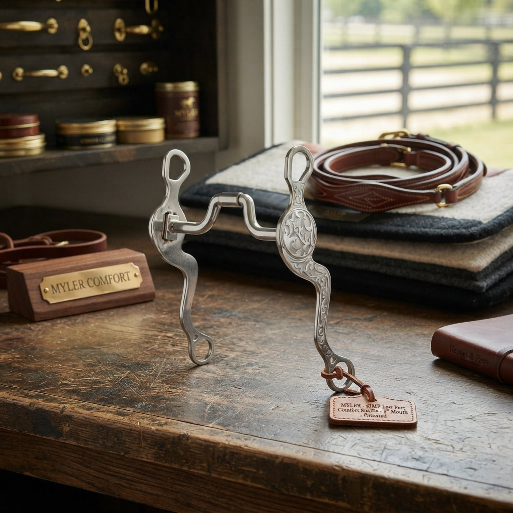 Lifestyle photo of Myler Embossed 7 1/2" Shank Horse Bit with 43MP Low Port Comfort Snaffle - 5" Mouth
