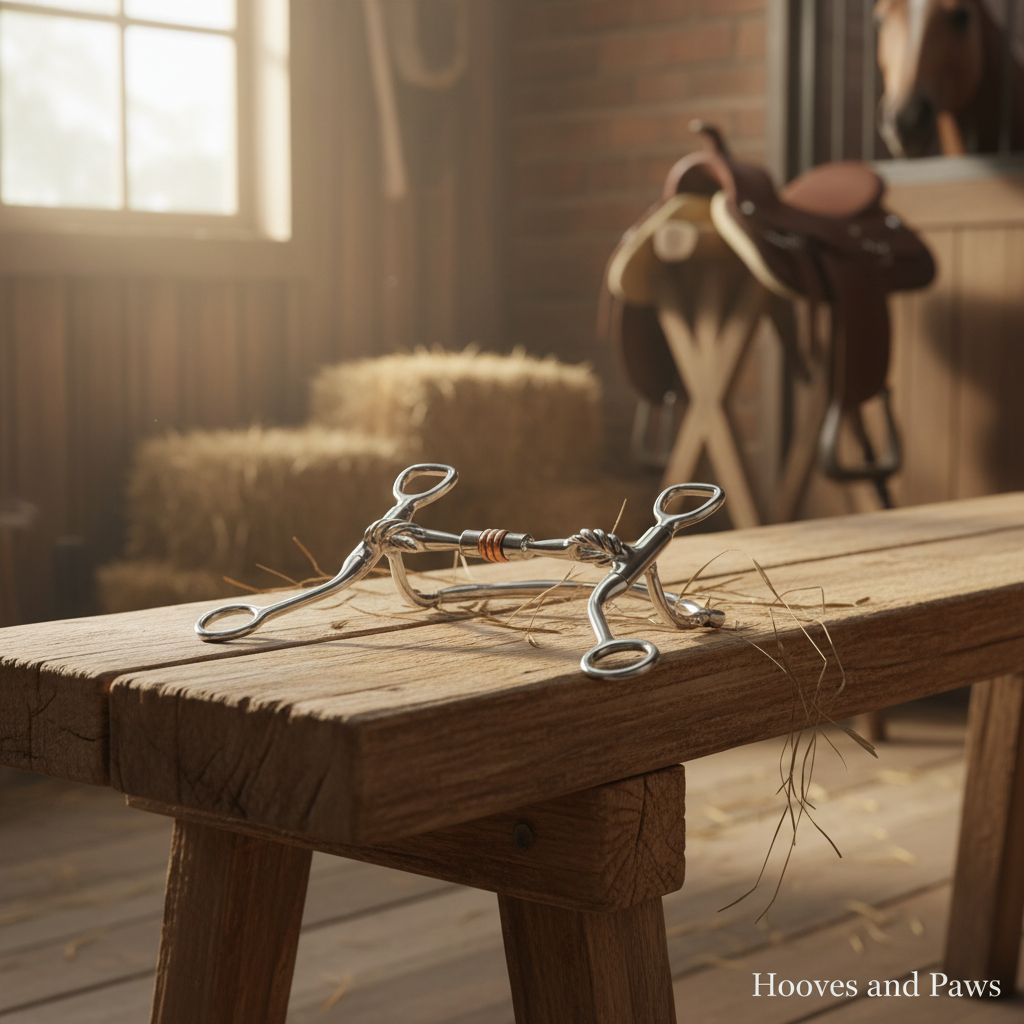 Myler MB 03T Comfort Snaffle horse bit, sweet iron with a copper roller, rests on a rustic wooden bench with hay. A sunlit stable with hay bales, a saddle, and a horse in a stall is visible in the background.