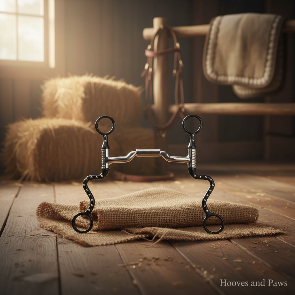 Myler Black Steel Seven Shank Mullen Low Ported Barrel MB 06 horse bit, black and silver, on burlap in a rustic barn with hay bales and equestrian tack.