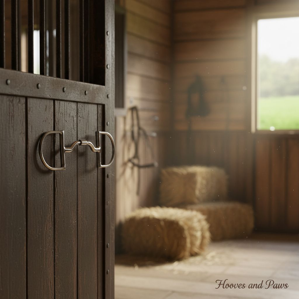 Myler 33WL Dressage Legal Dee Bit, designed for wide ported comfort, hanging on a dark wooden horse stall door, with a sunny barn interior and hay bales in the background.