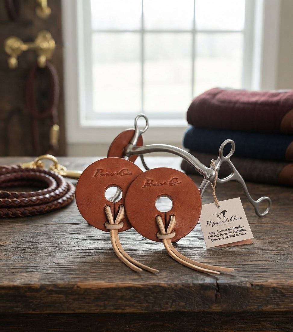 Lifestyle photo of Professional's Choice Texas Leather Bit Guards - Anti-Rub Horse Bit Protection, Universal Fit, Sold in Pairs