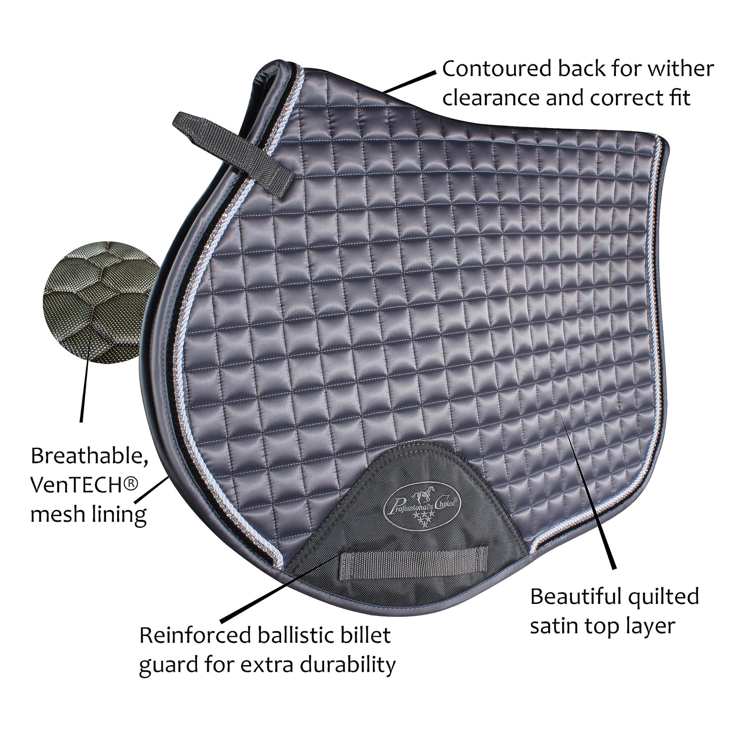 Professional's Choice VenTECH Satin English Jump Saddle Pad - Breathable Non-Slip - 21.5" Spine x 20.5" Drop