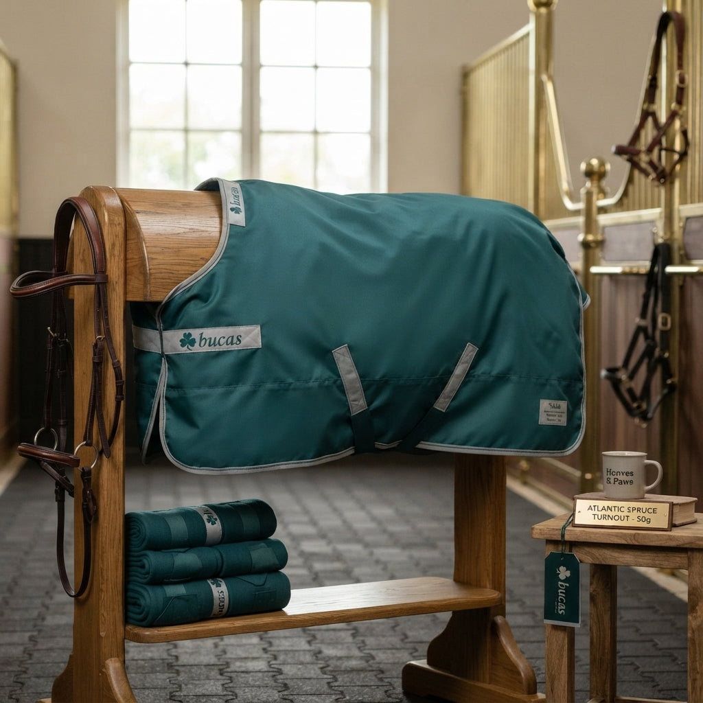 Lifestyle photo of Toklat Bucas Atlantic Spruce Turnout Blanket - 50g Lightweight Fill Horse Blanket