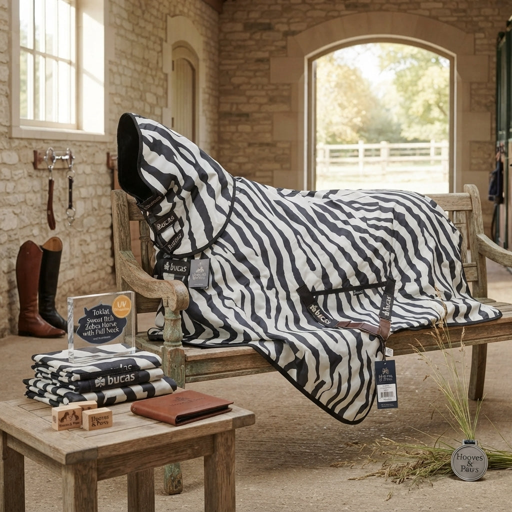 Lifestyle photo of Toklat Bucas Sweet Itch Zebra Horse Fly Sheet with Full Neck - UV Protection - Multiple Sizes