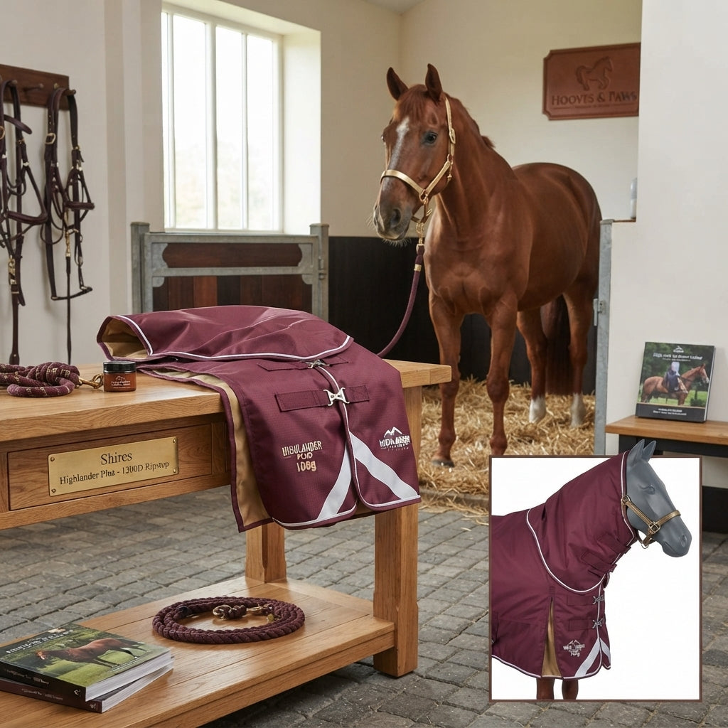 Lifestyle photo of Shires Highlander Plus 100g Turnout Neck Cover - Maroon, 1200D Ripstop