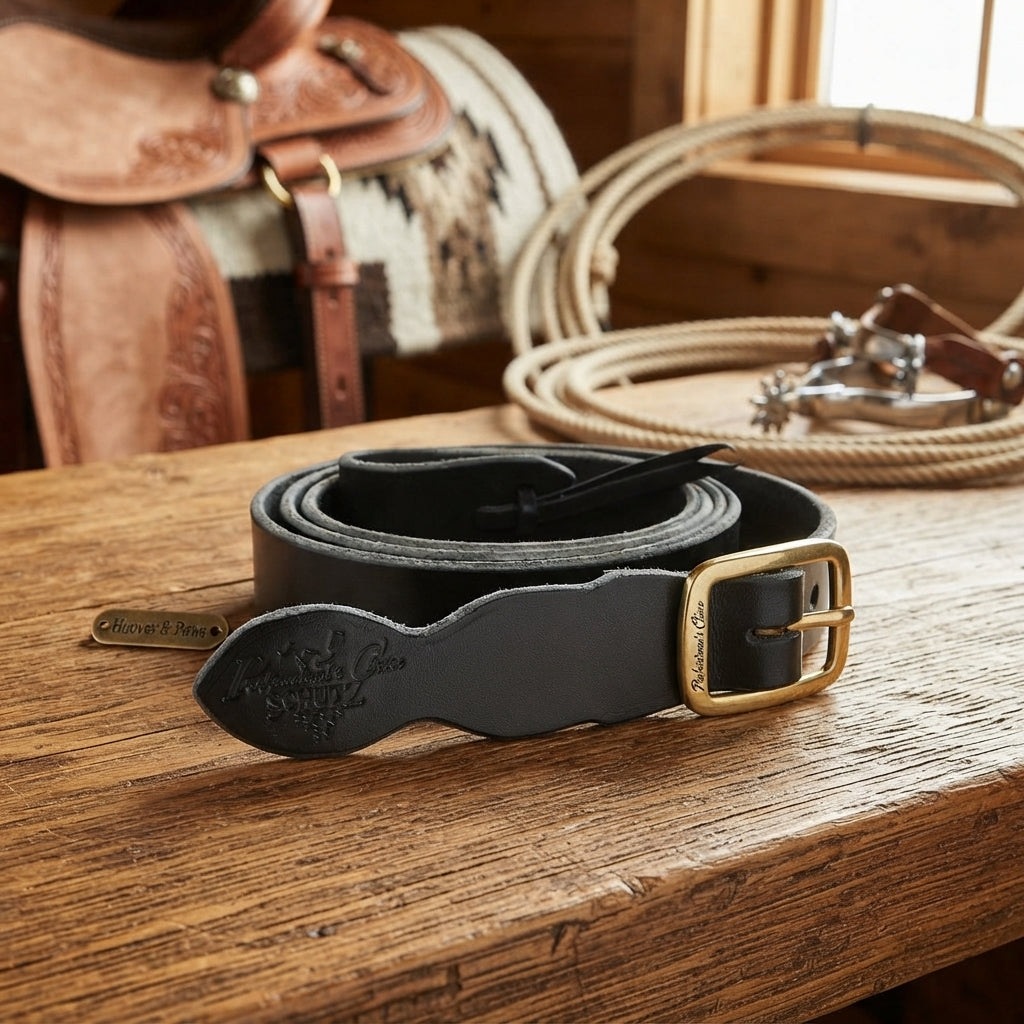 Lifestyle photo of Professional's Choice Beveled Edge Latigo Leather Cinch Tie Strap for Western Saddles - 1 3/4" x 6'