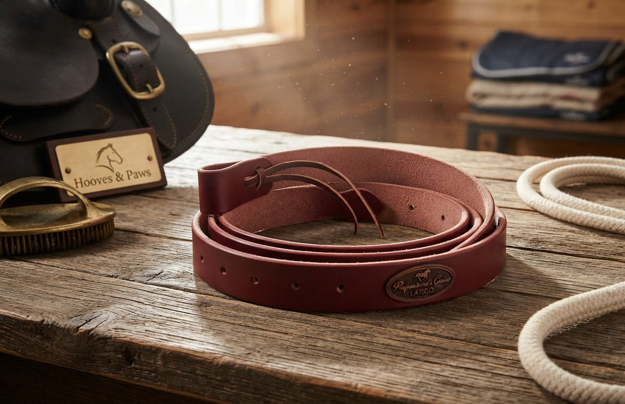 Lifestyle photo of Professional's Choice Latigo and Harness Leather Cinch Tie Straps | 1¾” x 5 ½’ Burgundy