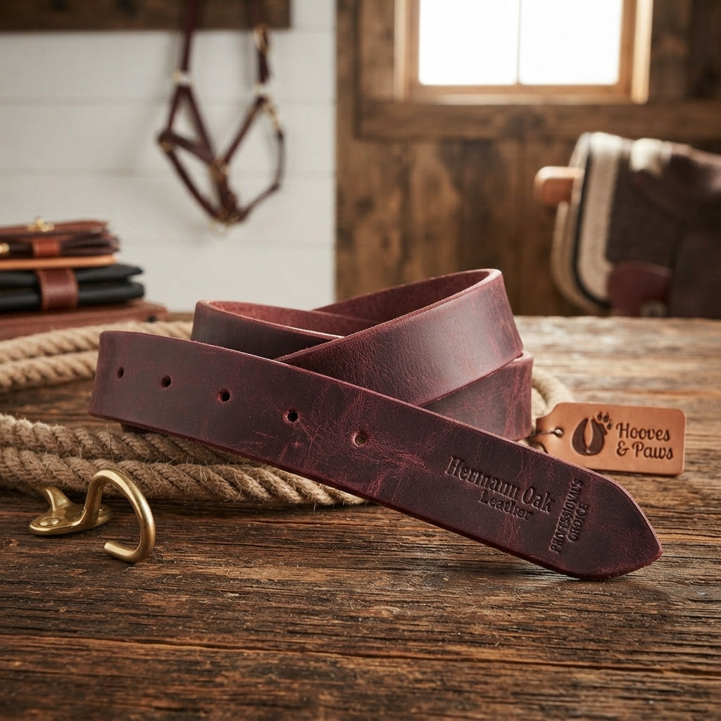 Lifestyle photo of Professional's Choice Burgundy Latigo Half Breed Off Billet - Hermann Oak Leather - 1 3/4" x 5 1/2'