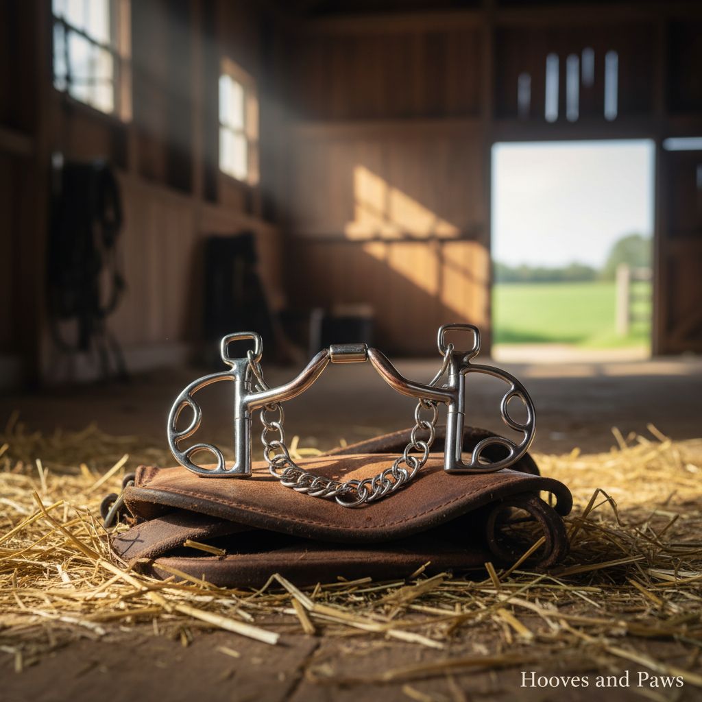 Stainless steel Myler Kimberwick bit with a ported barrel and copper inlay, resting on brown leather tack and straw in a rustic barn with sunbeams and an open field in the background.