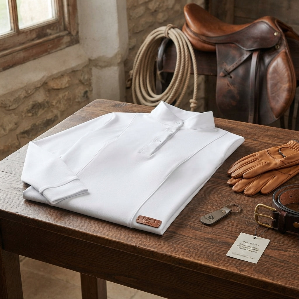 Lifestyle photo of Shires Aubrion Winter Long Sleeve Riding Shirt - White - Thermal Equestrian Base Layer