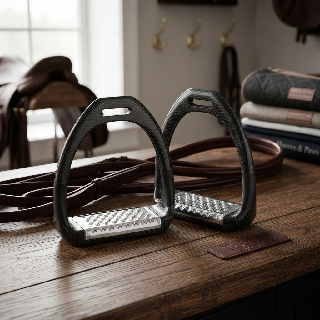 Lifestyle photo of Toklat Carbon Flex Stirrups - Black with Stainless Steel Pads - Lightweight Shock-Absorbing Performance Gear