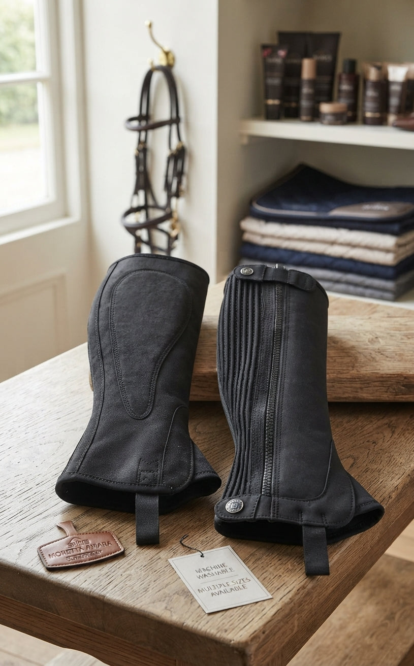 Lifestyle photo of Shires Moretta Amara Black Adult Half Chaps - UltraFit Grip & Machine Washable - Multiple Sizes