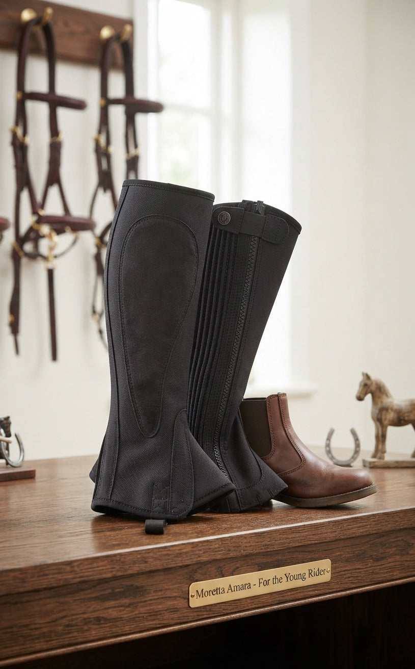 Lifestyle photo of Shires Moretta Amara Black Child's Half Chaps - Machine Washable Amara Fabric & UltraFit Leg Panel - Multiple Sizes
