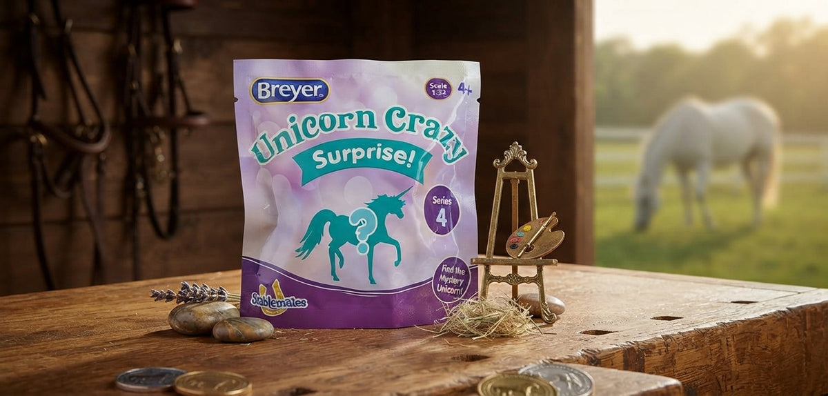 Lifestyle photo of Breyer Stablemates Unicorn Crazy Surprise Series 4 Blind Bag - 1:32 Scale 3 inch Model #97268