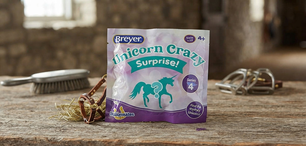 Lifestyle photo of Breyer Stablemates Unicorn Crazy Surprise Series 4 Blind Bag - 1:32 Scale 3 inch Model #97268